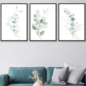 Set of 3 Green Blue Watercolour Eucalyptus Set 2 Wall Art Prints / 50x70cm / Black Frame