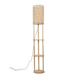 ValueLights Elsa Natural Wooden 3 Tier Floor Lamp with Bamboo Shade and Storage Shelves - Bulb Included