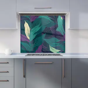 Green Purple Tropical Leaves Premium Glass Kitchen Splashback W900mm x H750mm