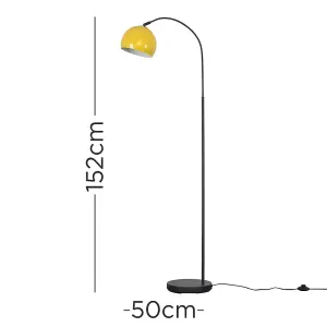 ValueLights Designer Style Dark Grey Curved Stem Floor Lamp With Yellow Dome Shade - Includes 6w LED GLS Bulb 3000K Warm White