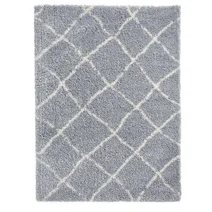 Grey Cream Shaggy Modern Geometric Moroccan Rug for Living Room Bedroom and Dining Room-160cm X 220cm