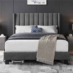 Yaheetech Bed Frame with Channel Tufted Headboard - Dark Grey / Double