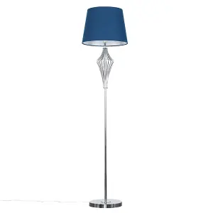 ValueLights Jaspa Chrome Metal Wire Geometric Diamond Design Floor Lamp with Navy Blue Tapered Shade with LED GLS Bulb