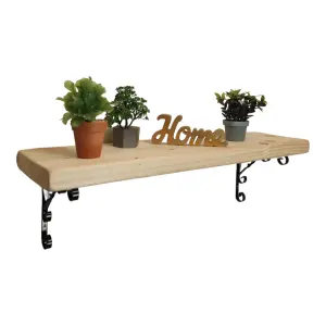 Solid Wood Handmade Rustical Shelf Unprimed 145mm 6 inch with Black Metal Bracket WO Length of 50cm