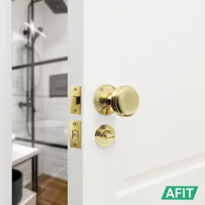 AFIT Lined Door Knob Set Polished Brass - 1 Pair of Mortice Knobs 55mm, Latch & Deadbolt Kit 76mm, Hinges 76mm & Turn & Release