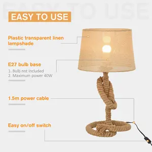 HOMCOM Nautical Style Rope-Base Table Lamp w/ Fabric Lampshade Metal Frame Beige