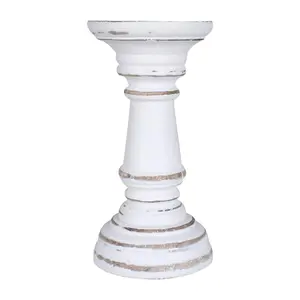 Rustic Antique Carved Wooden Pillar Church Candle Holder White Light, Medium 19cm High