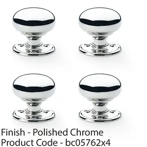 4 PACK - SOLID BRASS Mortice Smooth Mushroom Door Knob - Polished Chrome 51mm Diameter