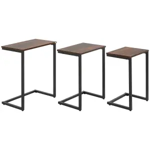 HOMCOM C-Shaped Nesting Tables Set of 3 with Steel Frame, Rustic Brown