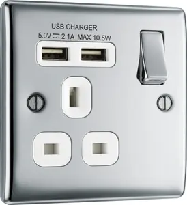 BG Chrome Single 13A Raised slim Switched Screwed Socket with USB, x2 & White inserts