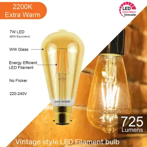 paul russells LED Filament Dimmable ST64 Bulb, BC B22, 7W 725 Lumens, 60w Equivalent, 2200K Extra Warm White Amber