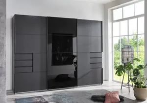 Divac 3 door sliding wardrobe with Drawers and black glass 270cm