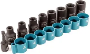 Makita 9 Piece Impact Driver Socket Set 1/2" Square Drive + 1/4" Hex Bit 8-18mm