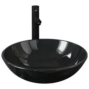 Berkfield Bathroom Sink with Tap and Push Drain Black Tempered Glass