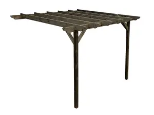 Lean to wooden garden pergola kit - Dinasty design wall mounted gazebo, 1.8m x 3.6m (Rustic brown finish)