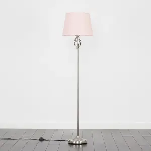 ValueLights Memphis Traditional Style Satin Nickel Barley Twist Floor Lamp with Pink Light Shade