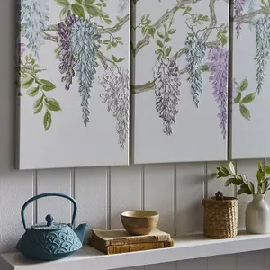 Laura Ashley Wisteria Floral Purple Canvas art, Set of 3 (H)90cm x (W)60cm