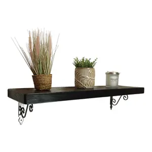 Solid Wood Handmade Rustical Shelf Black Ash 145mm 6 inch with Silver Metal Bracket WOZ Length of 100cm