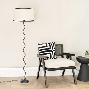 ValueLights Wiggle Black Metal Single Stem Floor Lamp with Linen Black Trim Drum Shade and LED Bulb