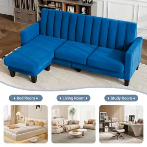 Sectional Couch Velvet L Shaped 3 Seat Blue Sofa with Chaise