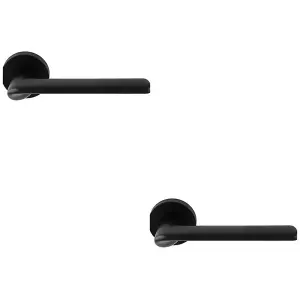 2 PACK - Contemporary Flat Door Handle Set - Matt Black Smooth Lever on Round Rose