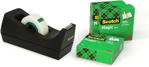 Scotch Desktop Tape Dispenser C38, Black + 3 Rolls Scotch Magic Tape, 19 mm x 33 m