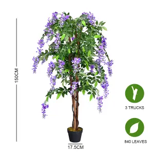 COSTWAY 150CM Ficus Artificial Tree Fake Wisteria Tree with 3 Natural Trunks