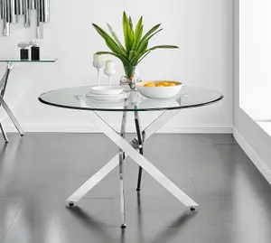 Furniturebox UK Novara 120cm Round Dining Table and 6 Grey Velvet Milan Black Leg Chairs