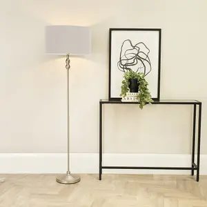 ValueLights Maggie Brushed Chrome Candlestick Floor Lamp with Grey Shade with LED Bulb