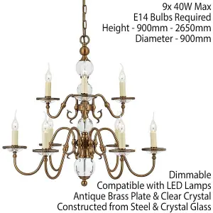 Flemish Ceiling Pendant Chandelier Antique Brass & Crystal Curved 9 Lamp Light