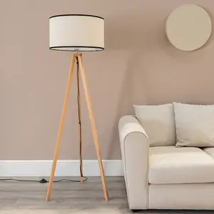 ValueLights Barbro Wooden Tripod Floor Lamp with Natural Linen with Black Trim Drum Shade