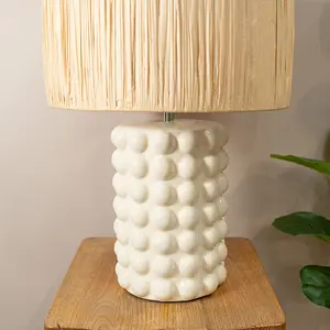 ValueLights Kiran Stone Bobble Ceramic Bedside Table Lamp with Natural Raffia Shade