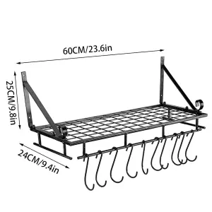 Kitchen Metal Shelves Saucepan Pan Pot Rack Storage Shelf with 10 Hooks Wall Mounted W 60 cm