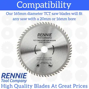 165mm x 60T TCT Cordless Circular Wood Saw Blade With Thin Kerf. Fits Bosch Makita Ryobi Dewalt Circular Saws etc