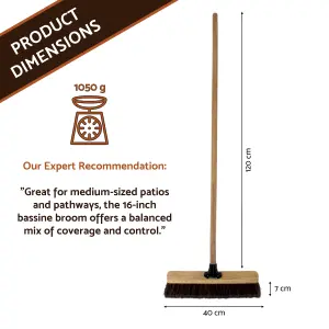 16-Inch Bassine Broom - Robust Outdoor Sweeper with Wooden Handle - Great for Medium-Sized Patios, Pathways, and Gardens