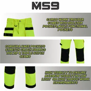 MS9 Mens Hi Viz Vis Cargo Working Work Trouser Trousers Pants Jeans, Yellow - 30W/30L