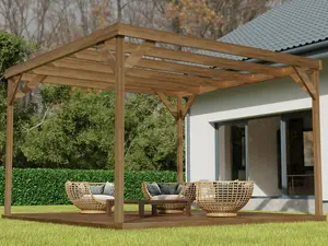 Wooden box pergola and decking, complete DIY kit (3.6m x 3.6m, Rustic brown finish)