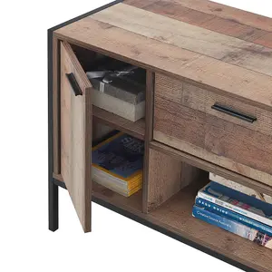 Stretton Rustic TV Unit Stand Cabinet 1 Door 2 Storage Drawers Industrial Oak