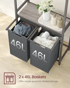 VASAGLE Laundry Basket, 2-Section Laundry Hamper with 2 Shelves, Removable Liners, Clothes Rail, Heather Greige and Slate Grey