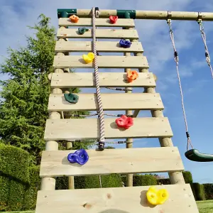 Rebo Wooden Swing Set with Deck and Slide plus Up and Over Climbing Wall - Obsidian Green