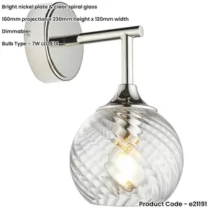 8 Light Pendant Lamp & 2x Matching Wall Lights - Bright Nickel Clear Spiral Patterned Shade