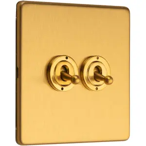 2 PACK 2 Gang Double Retro Toggle Light Switch SCREWLESS SATIN BRASS 10A 2 Way