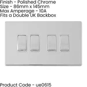 3 PACK 4 Gang QUAD Light Switch SCREWLESS POLISHED CHROME 2 Way 10A Rocker