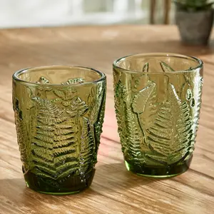 Set of 6 Vintage Luxury Green Leaf Embossed Drinking Glass Tumblers 260ml