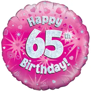 Oaktree 18 Inch Happy 65th Birthday Pink Holographic Balloon Pink/Silver (One Size)