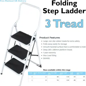 0.75m Folding Step Ladder Safety Stool 3 Tread Compact Anti Slip Rubber Steps