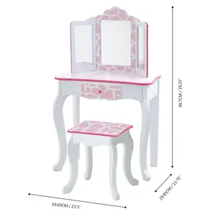 Teamson Kids Dressing Table, Play Vanity Set with Mirror & Stool - Pink/White/Giraffe Print