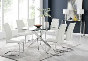 Furniturebox UK Leonardo Glass And Chrome Metal Dining Table And 6 White Lorenzo Leather Chairs