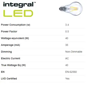 3.4W LED Omni Filament GLS Bulb: 470lm, Warm White 2700K, Non Dimmable: 2 Pack