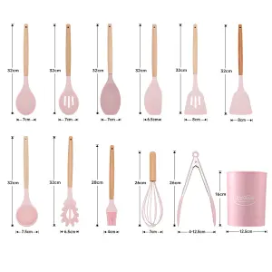 Kitchen Utensil Set of 8 Piece Pink Silicone Wooden Handle Kitchen Utensil Set for Cooking Safe for Non-Stick Cookware